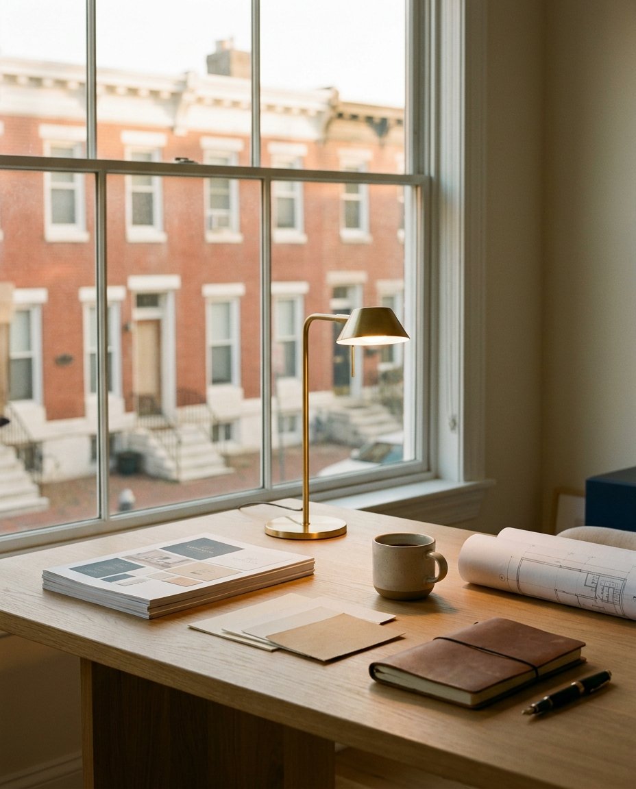 The West Lane Creative studio, overlooking a row of Philadelphia brick rowhomes